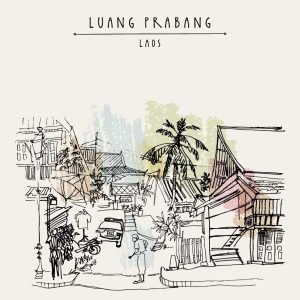 Sketch of Luang Prabang street with traditional buildings, palm tree, person, and vehicle.