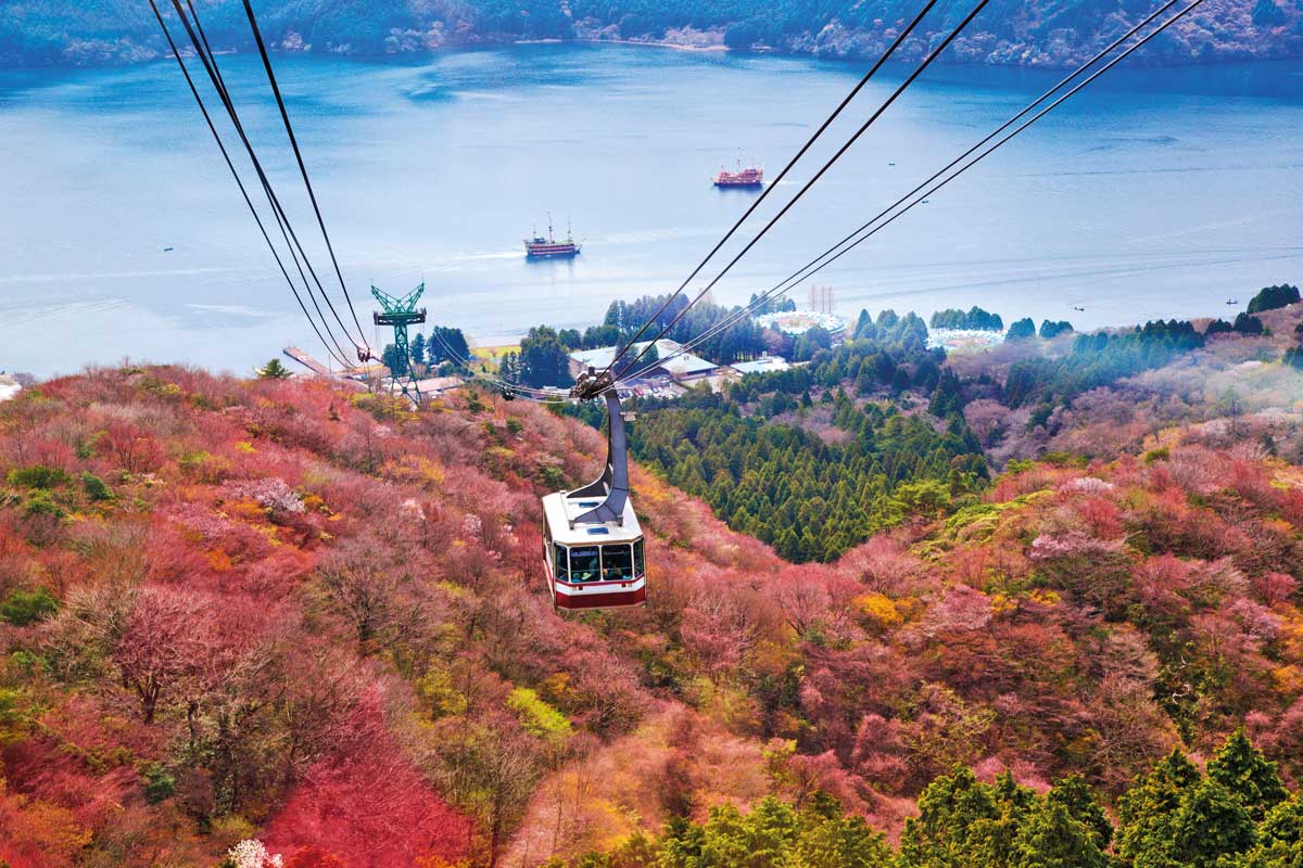 Cable car over colorful autumn forest with lake and boats in background