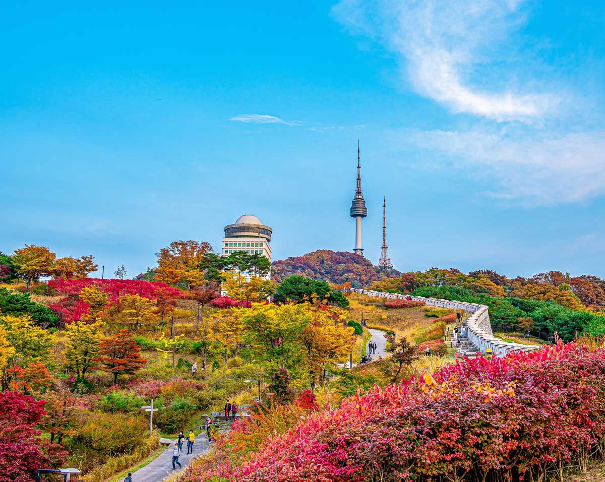 Namsan Seoul Tower above hill with vibrant autumn trees and people walking on paths