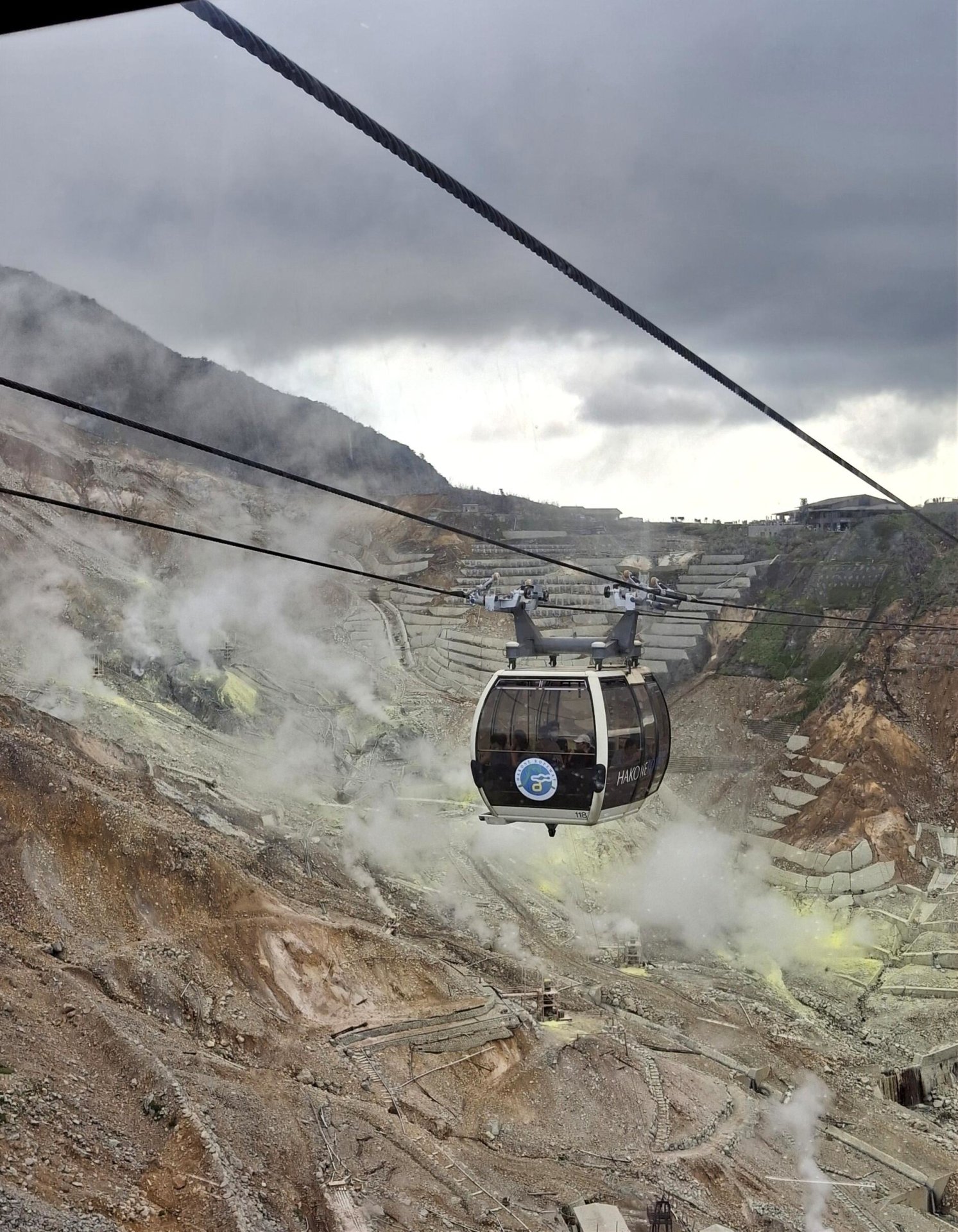 Cable car above steaming volcanic fumaroles in rough volcanic landscape