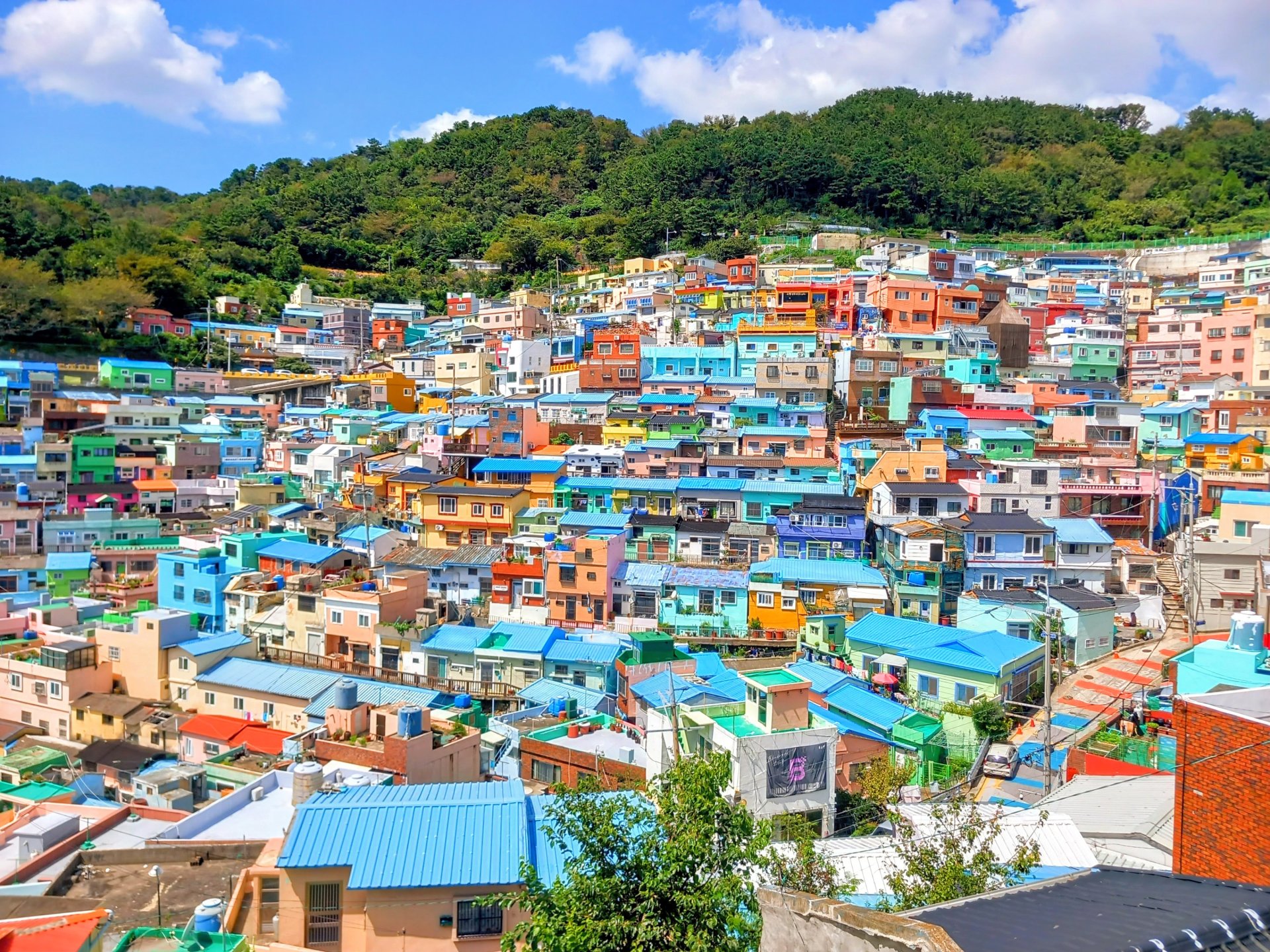 Colorful houses densely packed on a green hillside under blue sky
