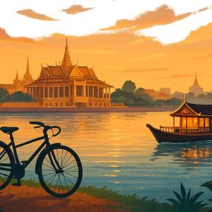 Bicycle by calm riverside with traditional boat and orange sunset sky in Cambodia