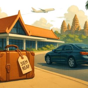 Car and luggage at traditional building near Angkor temples in Siem Reap Cambodia