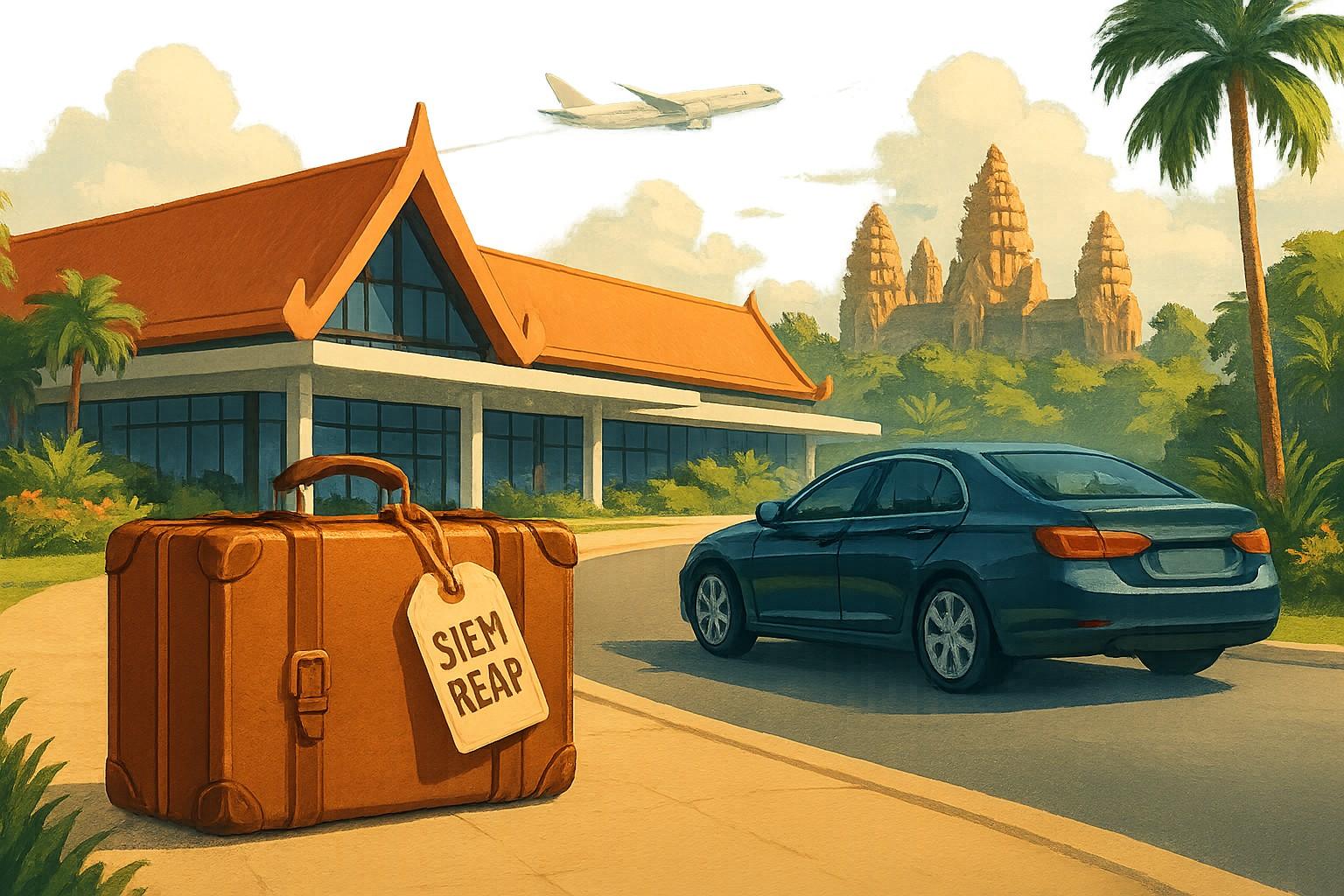 Car and luggage at traditional building near Angkor temples in Siem Reap Cambodia