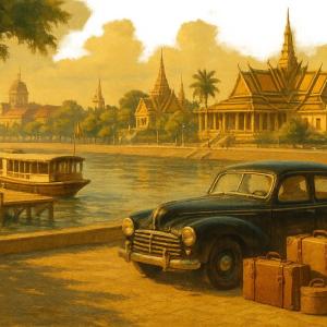Vintage black car with suitcases by Cambodian riverside with traditional boat and buildings