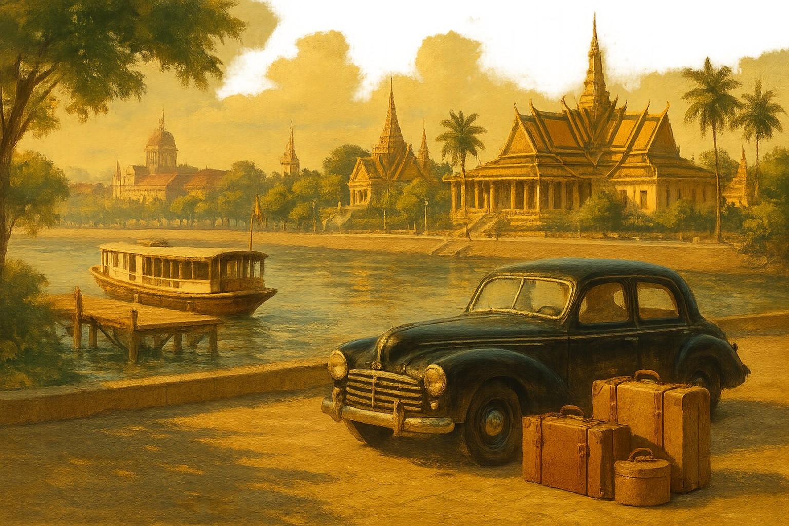 Vintage black car with suitcases by Cambodian riverside with traditional boat and buildings