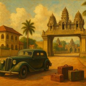 Vintage car parked next to a traditional Cambodian gateway with palm trees and suitcases
