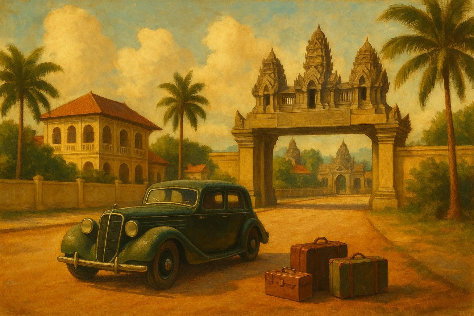 Vintage car parked next to a traditional Cambodian gateway with palm trees and suitcases