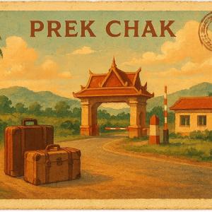 Painted scene of Cambodia's Prek Chak border gate with two vintage suitcases on road