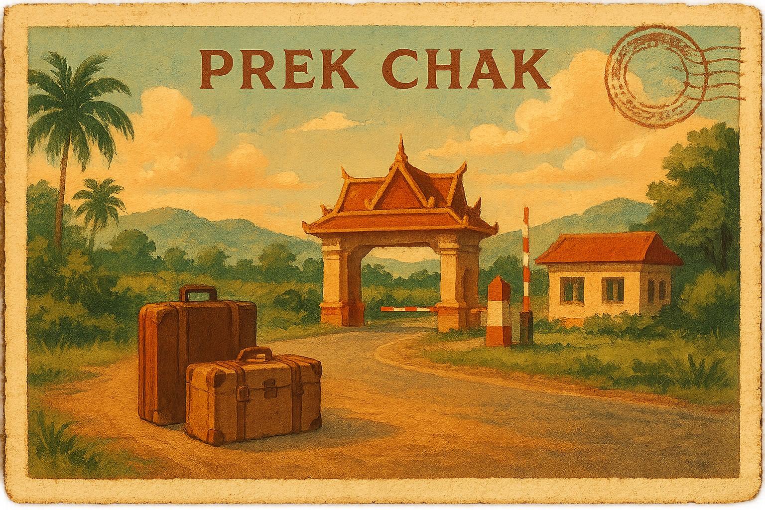Painted scene of Cambodia's Prek Chak border gate with two vintage suitcases on road
