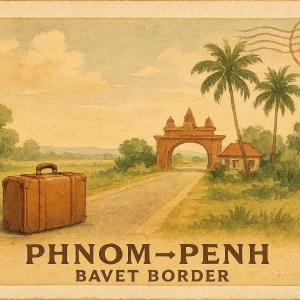 Vintage postcard artwork of Phnom Penh to Bavet border road and arch with suitcase