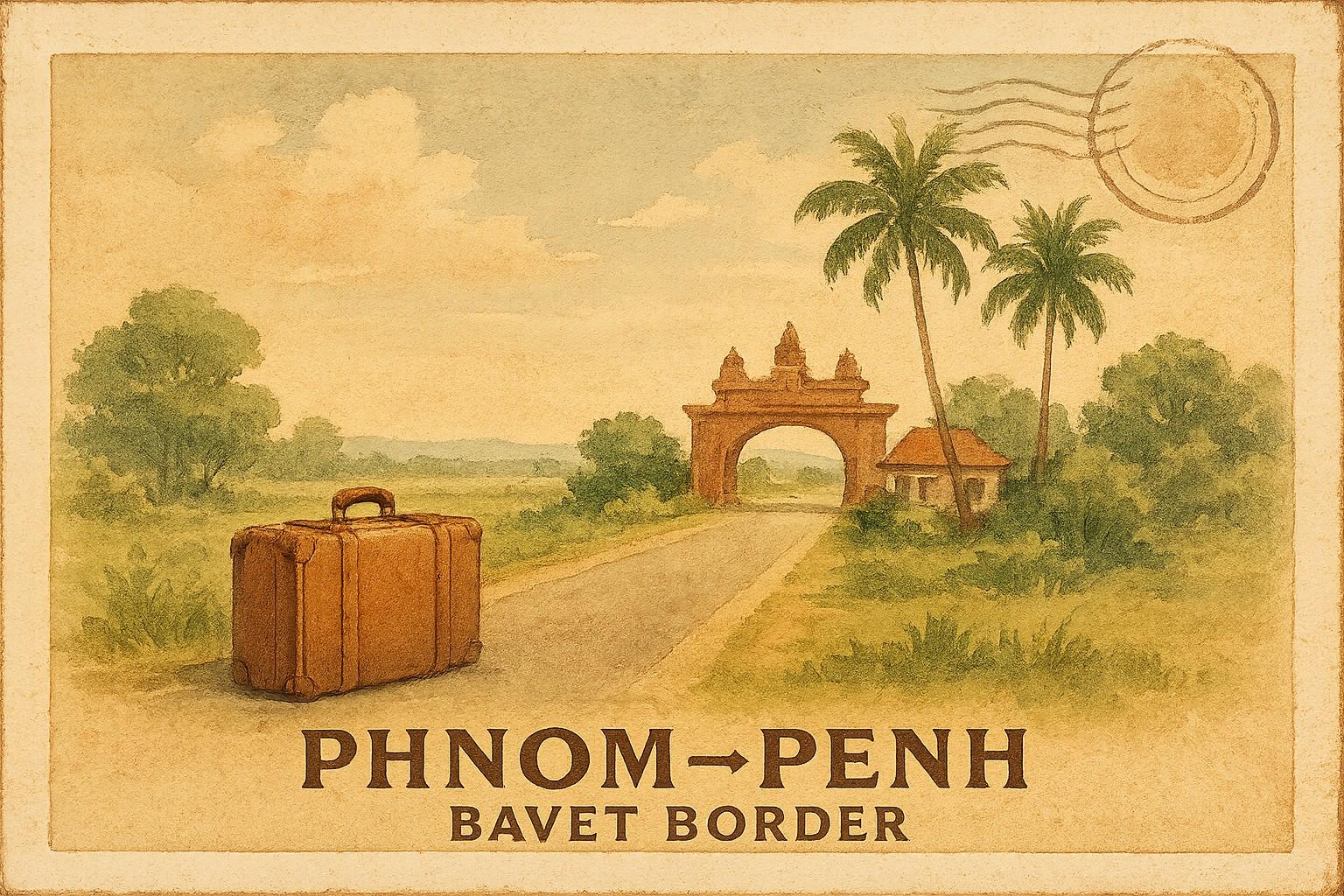 Vintage postcard artwork of Phnom Penh to Bavet border road and arch with suitcase