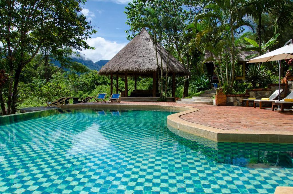 Outdoor checkered pool with thatched pavilion and lush tropical greenery
