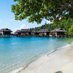 Wooden overwater villas on stilts by tropical beach with calm blue sea and green trees.
