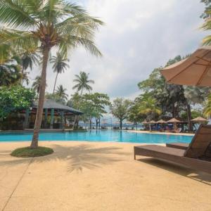 Resort pool with palm trees, loungers, umbrellas, and distant ocean beach