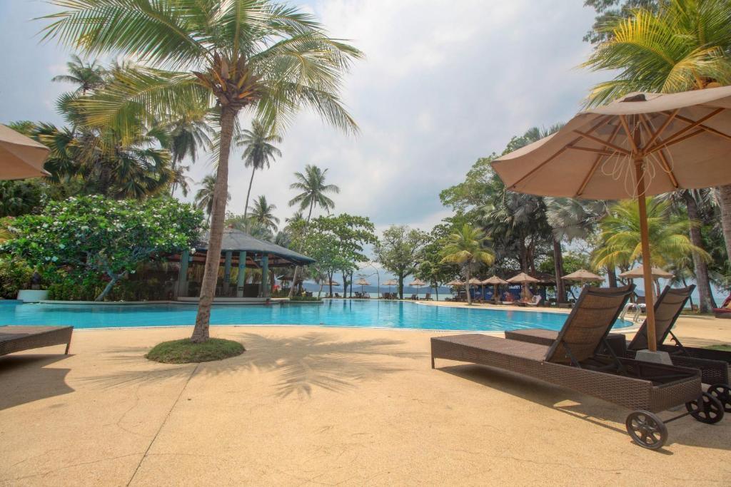 Resort pool with palm trees, loungers, umbrellas, and distant ocean beach