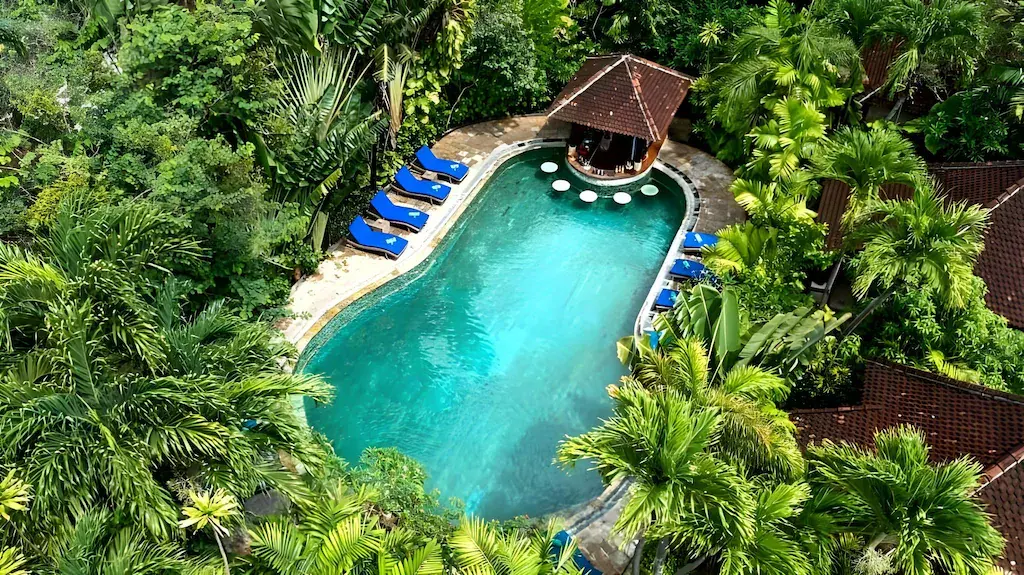 Curved resort swimming pool with swim-up bar and blue lounge chairs in tropical garden