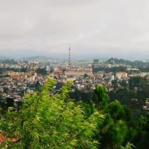 Dalat cityscape with buildings and green trees under a cloudy sky,