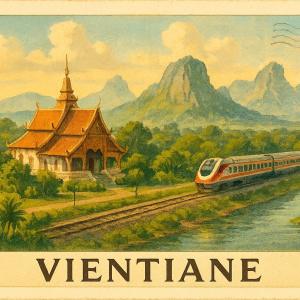 Illustrated vintage postcard with train passing traditional temple and mountains near Vientiane Laos