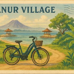 Blue e-bike on tropical path with Balinese pavilions and mountain in background