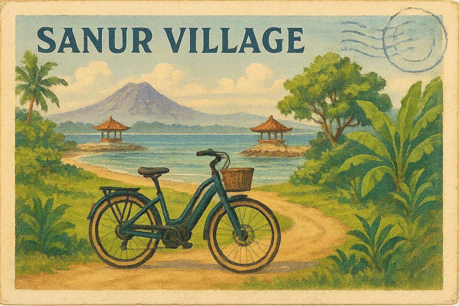 Blue e-bike on tropical path with Balinese pavilions and mountain in background