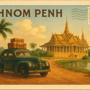 Vintage postcard painting of Phnom Penh with old car and temple by water
