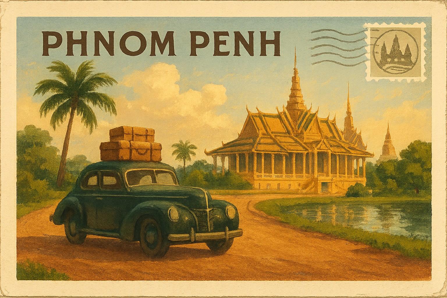 Vintage postcard painting of Phnom Penh with old car and temple by water
