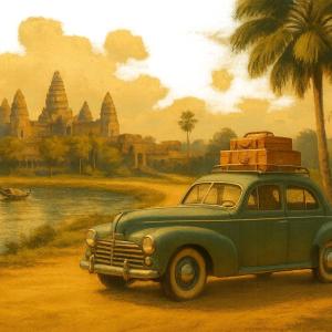 Vintage car loaded with luggage near Angkor Wat temple in Cambodia