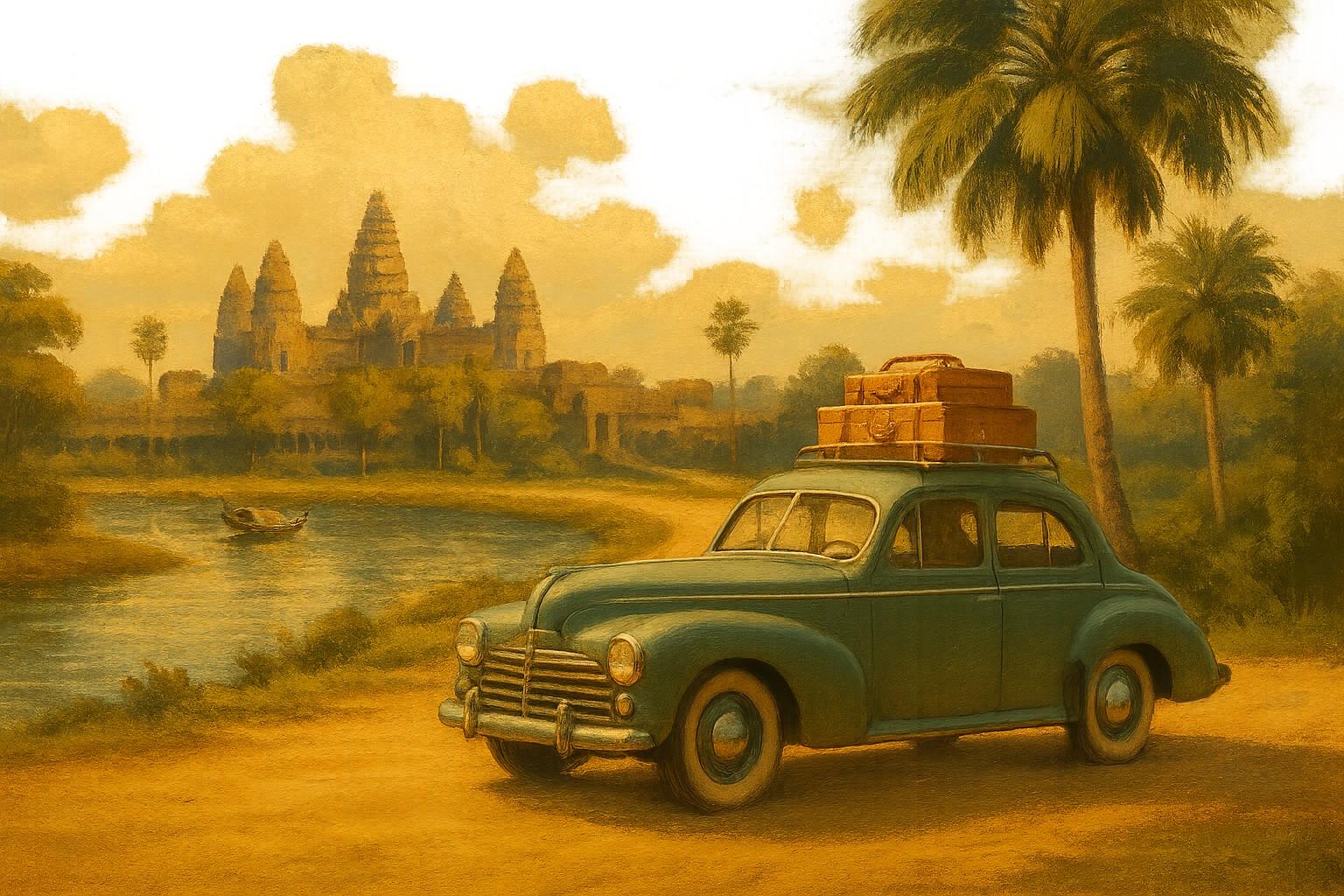 Vintage car loaded with luggage near Angkor Wat temple in Cambodia