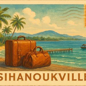 Illustrated vintage postcard with suitcases on Sihanoukville beach and boat on sea.