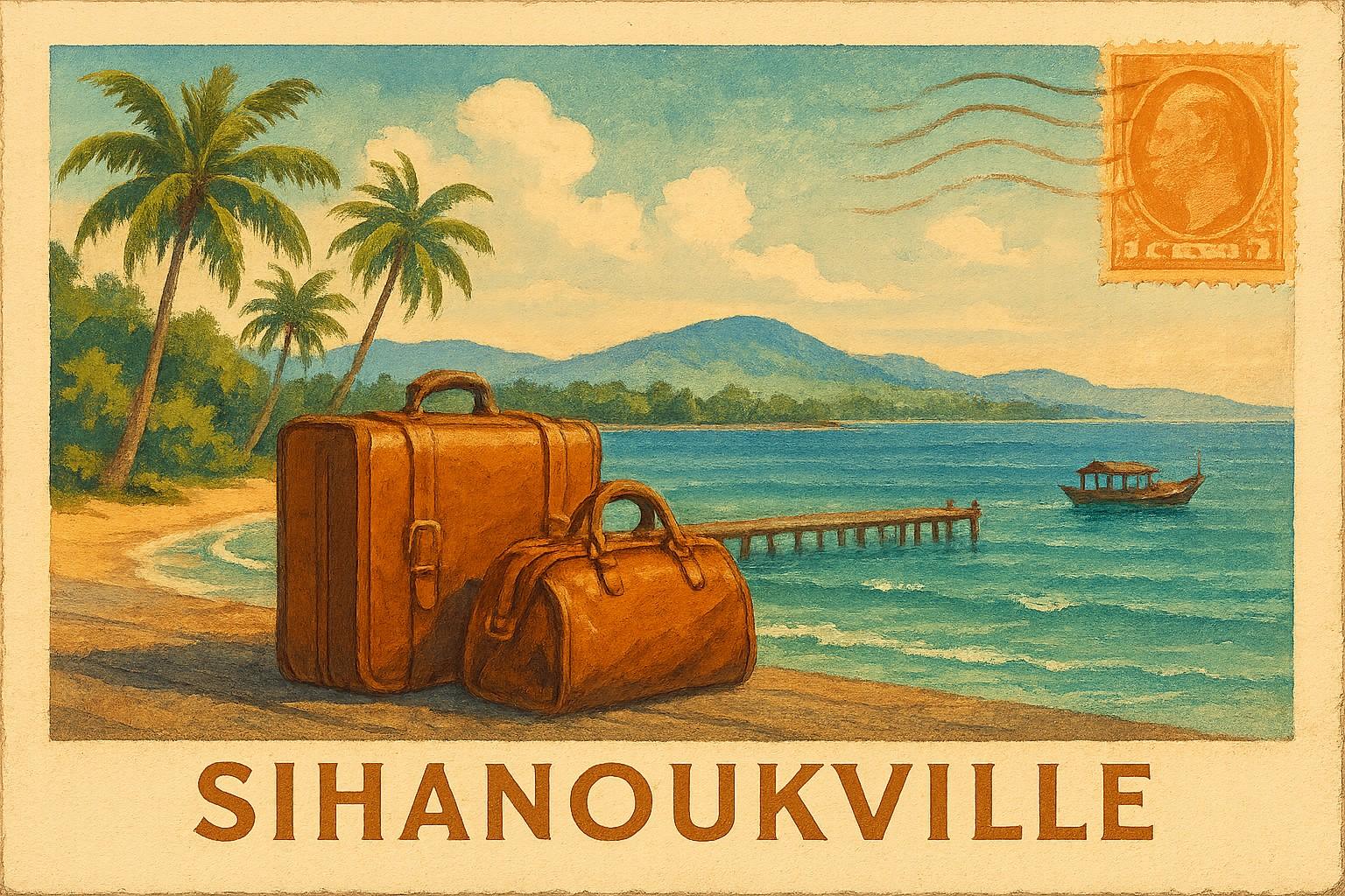 Illustrated vintage postcard with suitcases on Sihanoukville beach and boat on sea.