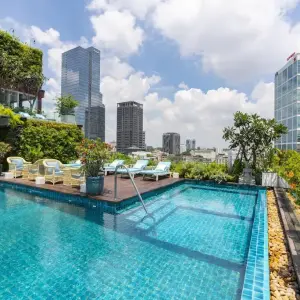 Rooftop pool with lounge chairs and city skyline under partly cloudy sky