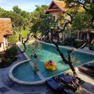 People swimming and relaxing in tropical villa pool surrounded by trees and sun loungers