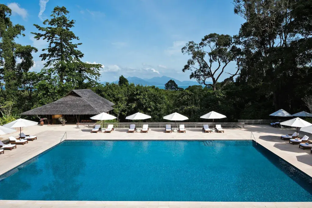 Swimming pool with white umbrellas and lounge chairs surrounded by trees and blue sky